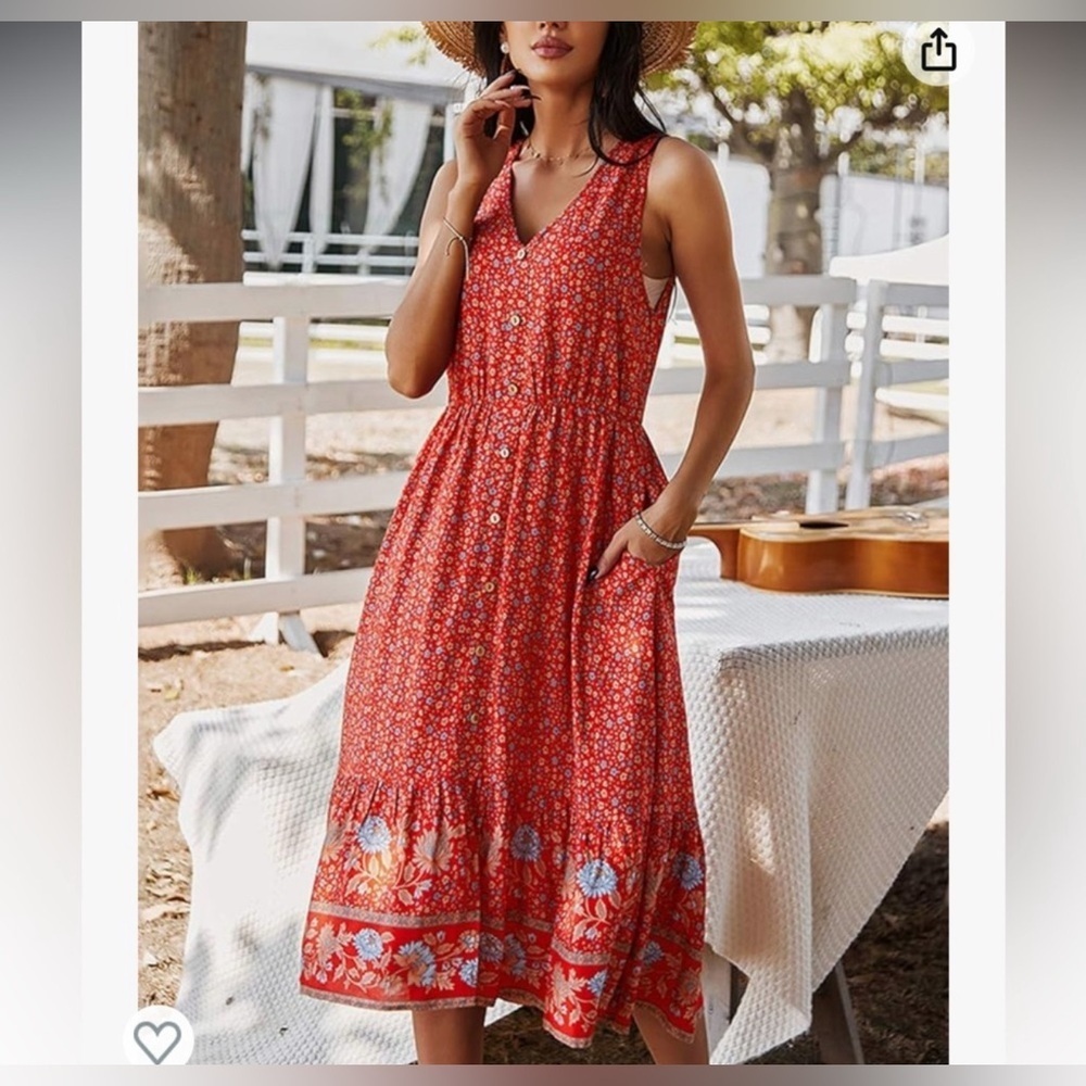 Temofon Red Floral Sleeveless Dress Cottagecore Boho Sleeveless Dress Size XL